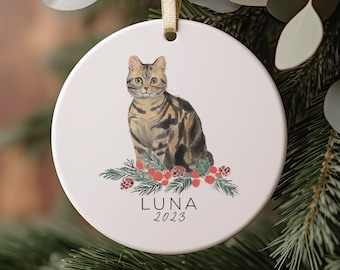 Tabby Cat Christmas Ornament, Tiger Cat, Black and Brown Cat, Personalized Ornament for Pet, Holiday, Christmas, Keepsake, Memorial
