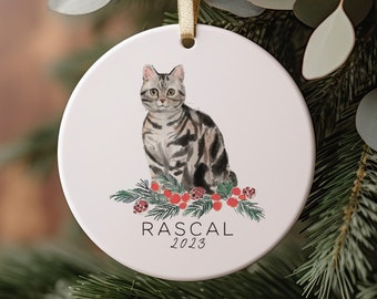Gray Tabby Cat Christmas Ornament, Tiger Cat, Black and Gray Cat, Personalized Ornament for Pet, Holiday, Christmas, Keepsake, Memorial