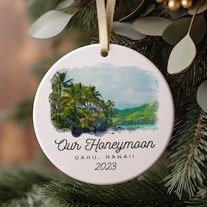 Watercolor Honeymoon Ornament, Custom Watercolor Honeymoon Location Ornament, Bride Keepsake, Gift for Newlyweds, Personalized Christmas