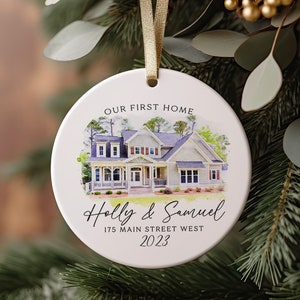 Our First Home Ornament, Custom Watercolor House Christmas Ornament,Personalized Christmas Ornament Gift, Housewarming, New Home image 1