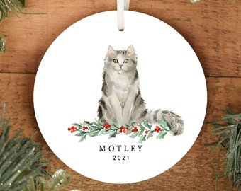 Fluffy Cat Christmas Ornament, Long Hair Cat, Personalized Ornament for Pet, Holiday, Keepsake, Memorial