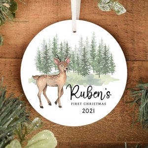 Christmas Ornament for Boy with Deer and Forest, First Christmas Ornament, 1st Xmas, Baby Boy Gift, Newborn