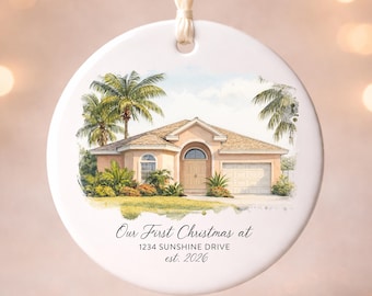 First Christmas in Our New Home, Address Watercolor Portrait from Photo Ornament, House Painting from Picture, Real Estate Agent Gift