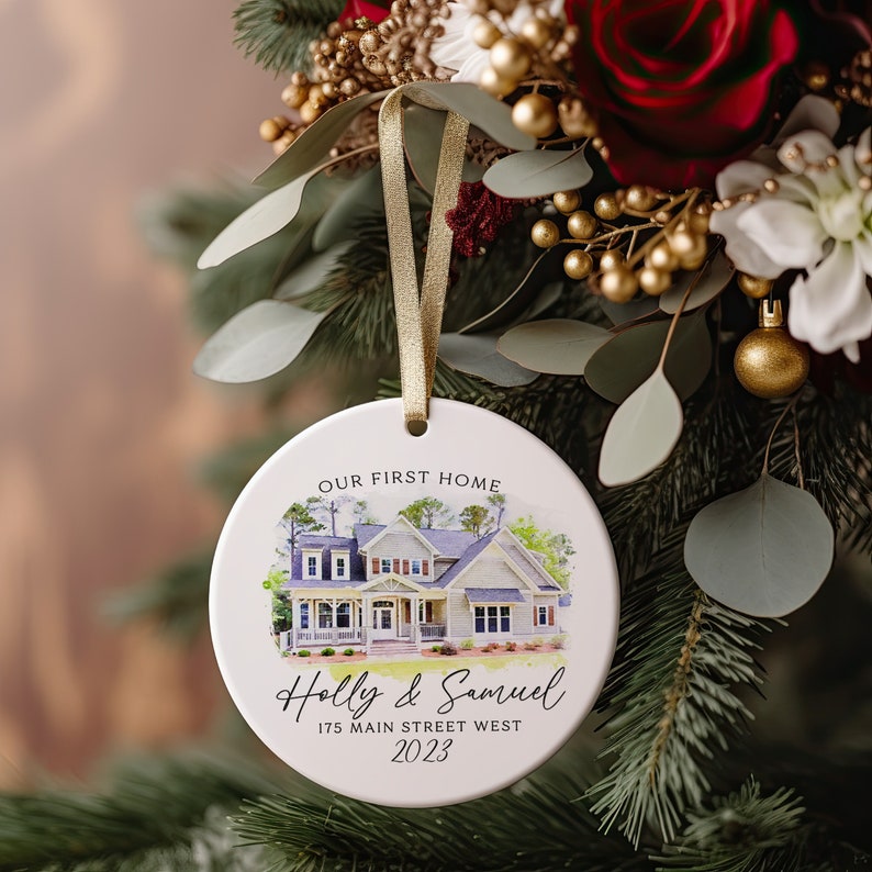 Our First Home Ornament, Custom Watercolor House Christmas Ornament,Personalized Christmas Ornament Gift, Housewarming, New Home image 1