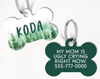 Forest Personalized Dog Tag, Custom Dog Tag, Double Sided Dog Tag, Floral Dog Tag, Mountain Dog Tag, Cat ID Tag, Hiking, Green Trees