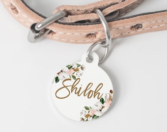 White Magnolia Dog Tag, Personalized Dog Tag, Custom Dog Tag, Double Sided Dog Tag, Floral Dog Tag, Magnolia Print Pet Tag