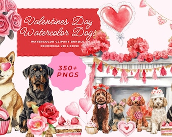 Valentines Day Watercolor Dog Pngs, Watercolor Pet Clipart Bundle, Coquette Dog Sublimation Designs, Digital Download, Pink and Red Themed