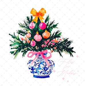Grand Millenial Christmas Tree in Chinoiserie Vase Png, Preppy Christmas Clip Art, Digital Download, Sublimation Trending Design,Holiday Png