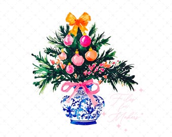 Grand Millenial Christmas Tree in Chinoiserie Vase Png, Preppy Christmas Clip Art, Digital Download, Sublimation Trending Design,Holiday Png
