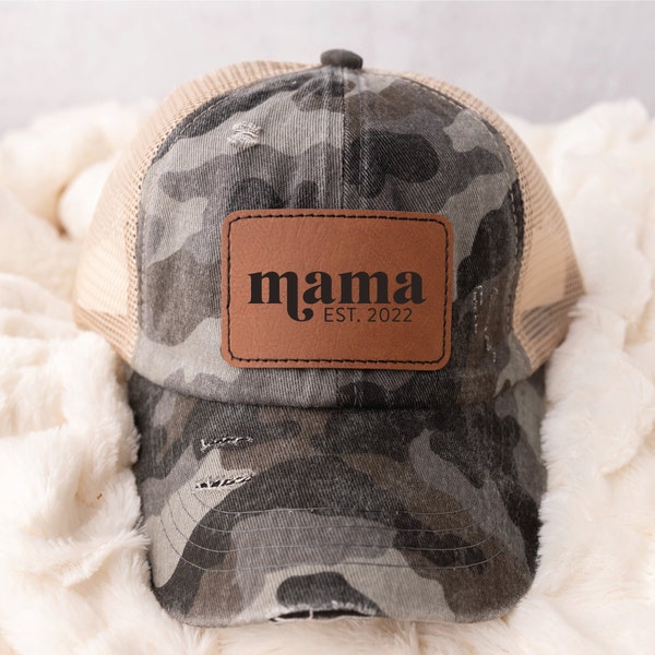 Mama Est Date Patch Hat, Leopard Print Hat, Pigment Dyed Hat, Gift for Bridal Party, Friend, Sister, Daughter, Number Hat, Leatherette Patch