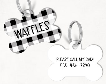 White Black Gray Buffalo Plaid Dog Tag, Personalized Dog Tag for Pet, Custom Dog Tag, Double Sided Dog Tag, Plaid Dog Tag, Christmas Dog ID