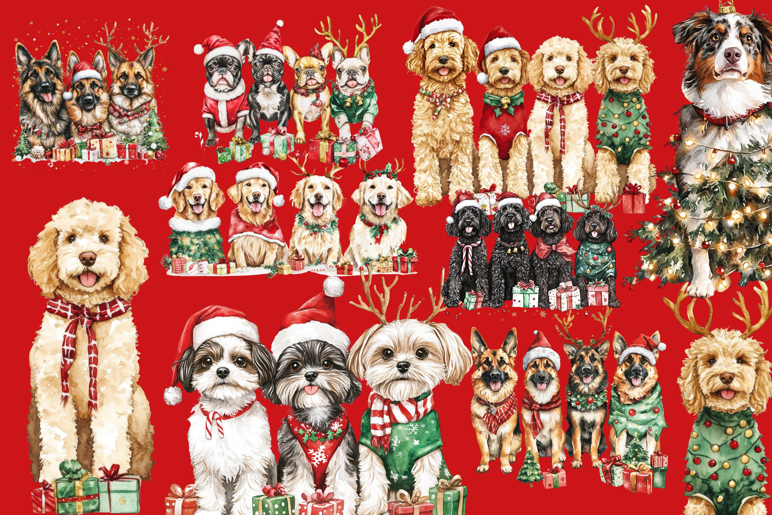 Christmas Dogs Clipart Bundle Png Design, Watercolor Dog Png, Holiday ...