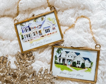 Watercolor House Portrait Ornament, Tiny Brass Frame, New Home, Home Sweet Home, House Painting, Christmas, Childhood Home