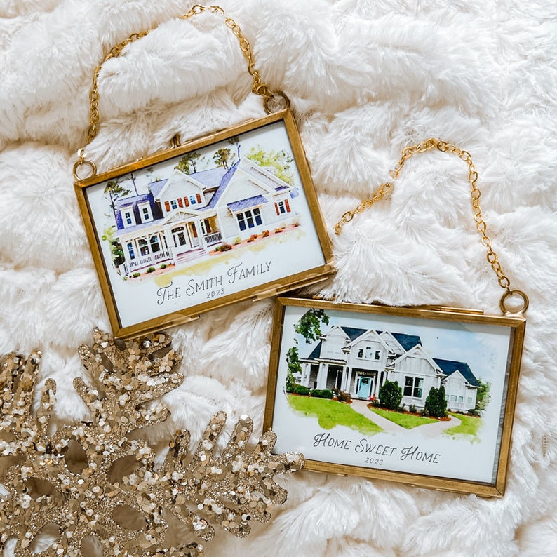 Watercolor House Portrait Ornament, Tiny Brass Frame, New Home, Home Sweet Home, House Painting, Christmas, Childhood Home image 1