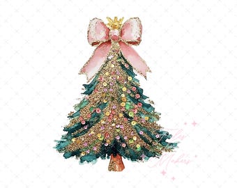 Sequin Glitter Christmas Tree with Pink Bow Png, Glitter Tree Sublimation Design, Girlie Pink, Digital Download, Clipart, Trending png