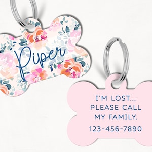 Pastel Floral Custom Dog Tag, Double Sided Dog Tag, Floral Dog Tag, Pink Floral Dog Tag, Cat ID Tag