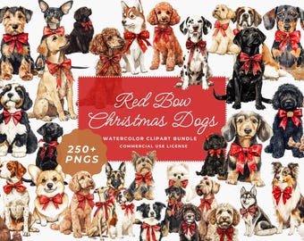 Watercolor Christmas Dogs with Red Bow Clip Art Set (250+ Images), PNG Bundle, Coquette Sublimation Designs, Digital Download, Holiday Pets