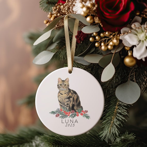 Tabby Cat Christmas Ornament, Tiger Cat, Black and Brown Cat