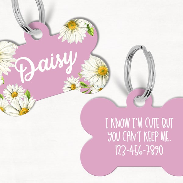 Daisy Floral Purple Pink Personalized Dog Tag, Custom Dog Tag, Double Sided Dog Tag, Floral Dog Tag, Daisy Print Pet Tag, Daisy Dog Tag
