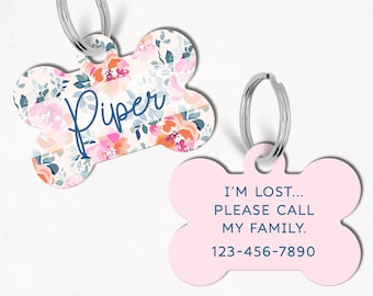 Pastel Floral Personalized Dog Tag, Custom Dog Tag, Double Sided Dog Tag, Floral Dog Tag, Pink Floral Dog Tag, Cat ID Tag, Cute Tag