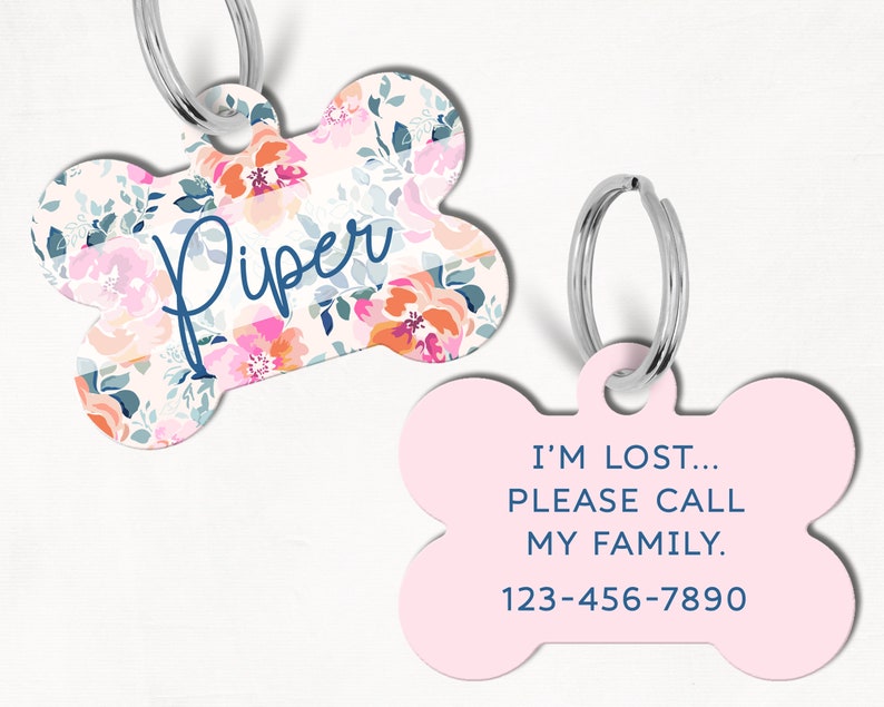 Pastel Floral Personalized Dog Tag, Custom Dog Tag, Double Sided Dog Tag, Floral Dog Tag, Pink Floral Dog Tag, Cat ID Tag, Cute Tag 