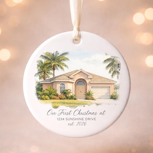 Décoration de Noël « Notre première maison », Maison aquarelle personnalisée, Cadeau de Noël personnalisé, Pendaison de crémaillère, Nouvelle maison image 3