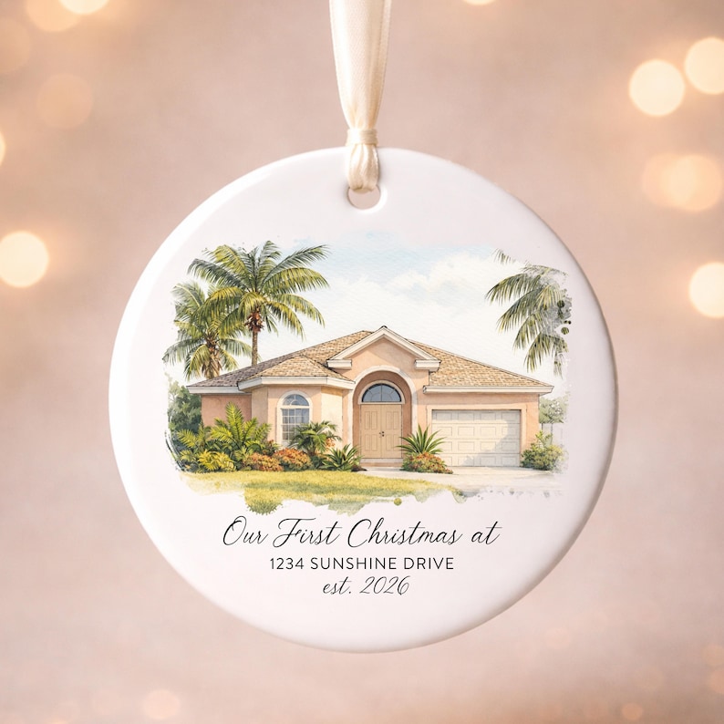 Décoration de Noël « Notre première maison », Maison aquarelle personnalisée, Cadeau de Noël personnalisé, Pendaison de crémaillère, Nouvelle maison image 3
