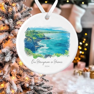 Watercolor Honeymoon Ornament, Custom Watercolor Honeymoon Location Ornament, Bride Keepsake, Gift for Newlyweds, Personalized Christmas