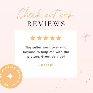 a pink background with five stars and the words, check out our review
