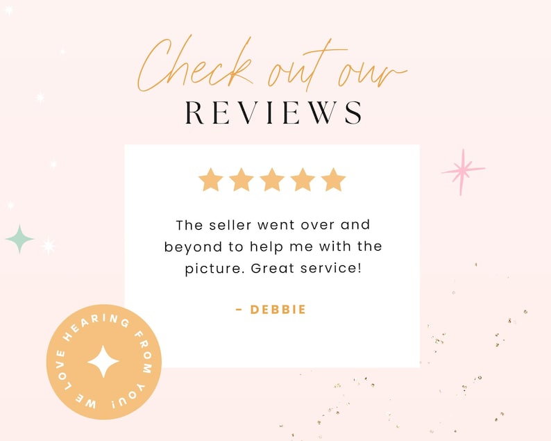 a pink background with five stars and the words, check out our review