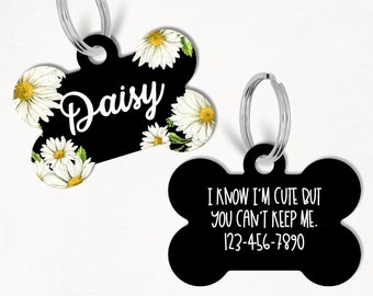 Daisy Floral Black Personalized Dog Tag, Custom Dog Tag, Double Sided Dog Tag, Floral Dog Tag, Daisy Print Pet Tag, Daisy Dog Tag