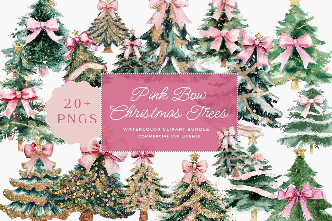 Coquette Christmas Tree With Pink Bow Clipart Bundle, Png Clipart Set ...