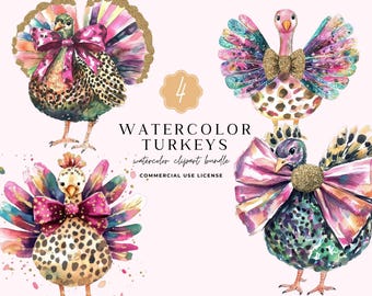 Coquette Watercolor Turkey Clipart Set, Turkey Clip Art Bundle, Thanksgiving Turkey Pngs, Sublimation Ready Artwork, Digital Download
