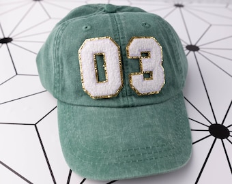 Varsity Letter Number Hat, Personalized Chenille Patch Cap, Pigment Dyed Hat, Gift for Bridal Party, Friend, Sister, Daughter, Sports Hat