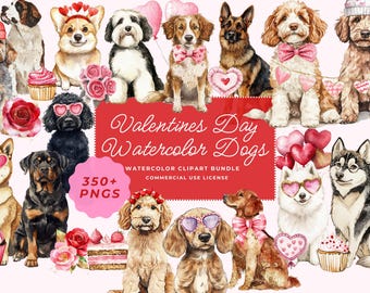 Valentines Day Watercolor Dog Png Bundle, Watercolor Pet Clipart Bundle, Coquette Dog Sublimation Designs, Digital Download