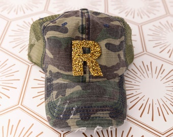 Camo Rhinestone Letter Patch Hat 