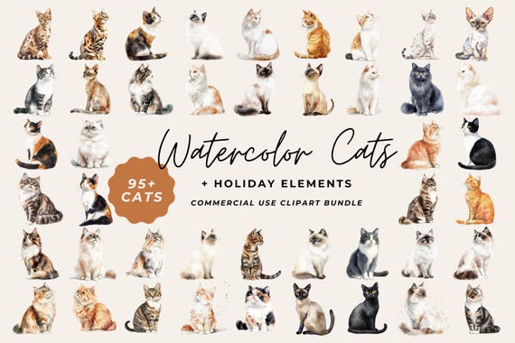 Classic Watercolor Cat Pngs, Watercolor Pet Clipart Bundle, Coquette Cat Sublimation Designs, Digital Download, Holiday Themed Pet Pngs, Art
