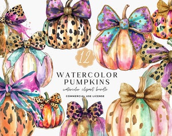 Coquette Watercolor Pumpkin Bow Clipart Set, Glitter Pumpkin Clip Art Bundle, Fall Thanksgiving Pngs, Sublimation, Digital Download, Instant