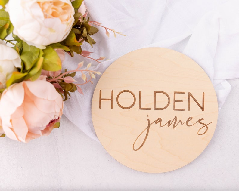 Engraved Baby Name Sign, Newborn Photo Prop, Wooden Name Sign, Modern Birth Announcement, Baby Name Plaque, Name Announcement for Hospital image 1