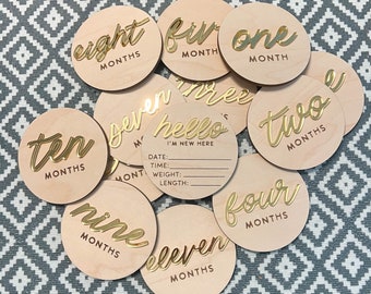 Wood & Acrylic Monthly Milestone Sign Discs, Pregnancy Monthly Milestone Markers, 3D Month Photo Props,Modern, Gold, Baby Shower