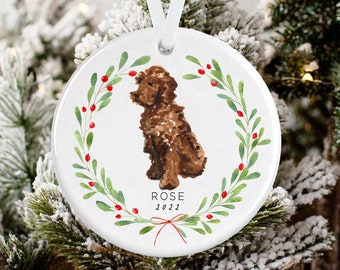 Apricot Doodle Christmas Wreath Ornament, Red Golden Doodle, Labradoodle, Dog Ornament, Gift for Golden Doodle Owner, Personalized Ornament