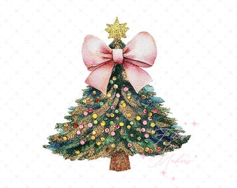 Albero di Natale con paillettes e fiocco rosa Png, disegno di sublimazione dell'albero glitterato, rosa da ragazza, download digitale, clipart, png di tendenza, festività
