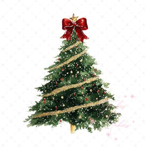 Puede incluir: Una pintura de acuarela de un árbol de Navidad decorado con purpurina dorada, adornos rojos y un lazo rojo en la parte superior. El árbol está sobre un fondo blanco.