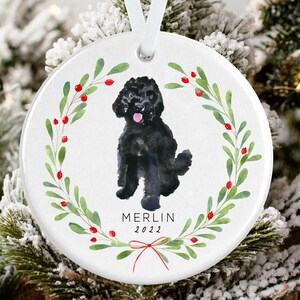 Black Doodle Christmas Wreath Ornament, Black Golden Doodle, Labradoodle, Dog Ornament, Gift for Golden Doodle Owner, Personalized Ornament