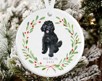 Black Doodle Christmas Wreath Ornament, Black Golden Doodle, Labradoodle, Dog Ornament, Gift for Golden Doodle Owner, Personalized Ornament