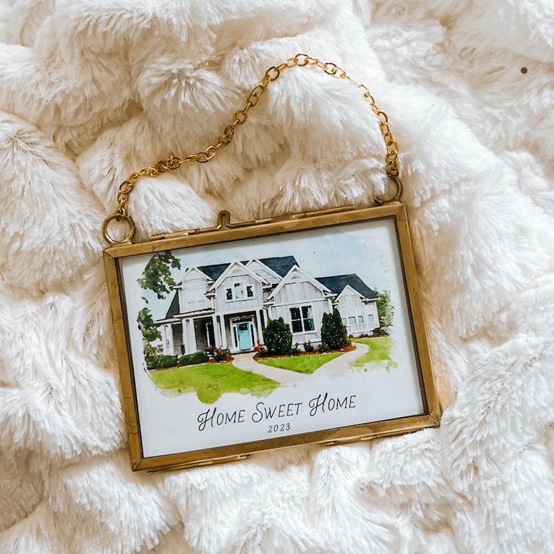 Watercolor House Portrait Ornament, Tiny Brass Frame, New Home, Home Sweet Home, House Painting, Christmas, Childhood Home image 4