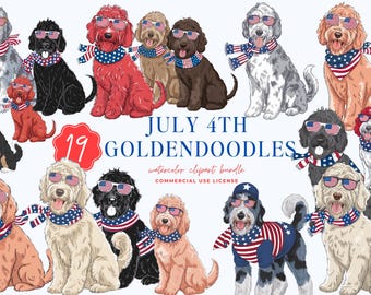 4 juli Goldendoodle-clipartbundel, Fourth of July-sublimatieontwerpen, doodle-illustraties, Bernedoodle, sublimatiepngs, digitale download