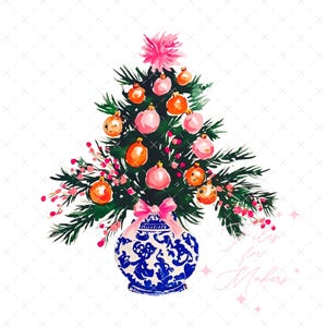 May include: A watercolor painting of a Christmas tree with pink and orange ornaments in a blue and white porcelain vase. The vase has a floral design and a pink bow. The text "Ideas for Makers" is written in pink below the vase.