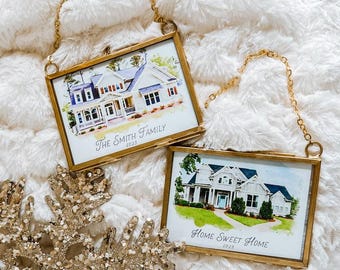 Watercolor House Portrait Ornament, Tiny Brass Frame, New Home, Home Sweet Home, House Painting, Christmas, Childhood Home