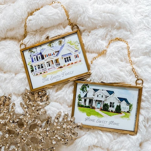 Ornement de portrait de maison à l'aquarelle, petit cadre en laiton, maison neuve, home sweet home, peinture maison, Noël, maison d'enfance